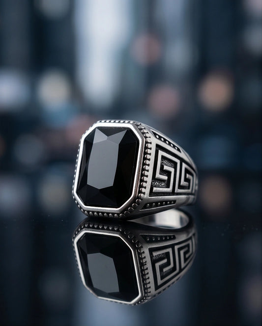 Vintage Greek Key Black Onyx Gemstone Ring