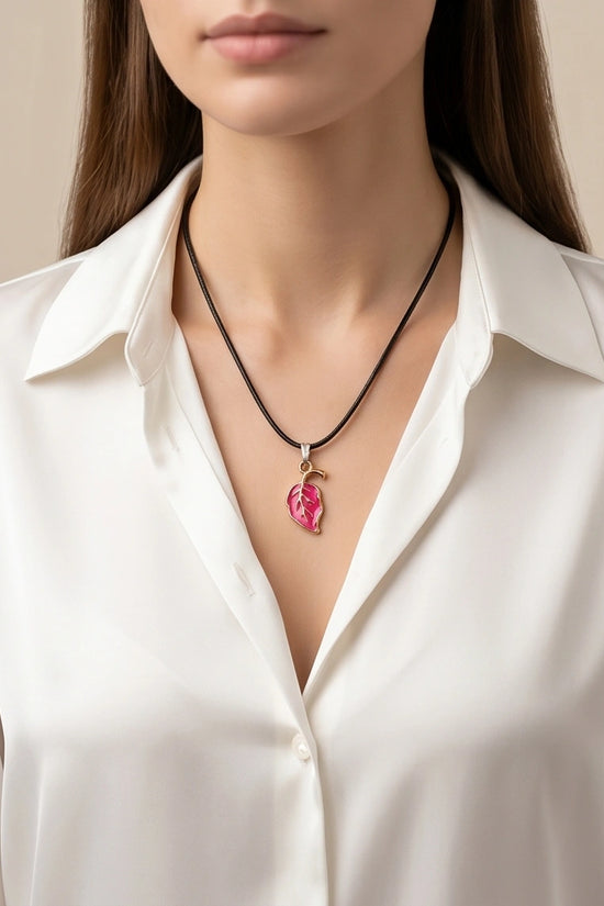 Gold and Pink Leaf Pendant Necklace