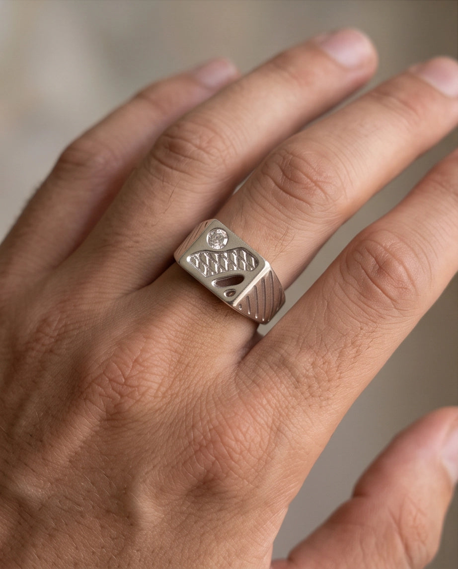 Abstract Textured Multi-Inlay Asymmetrical Signet Silver Ring