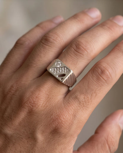 Abstract Textured Multi-Inlay Asymmetrical Signet Silver Ring