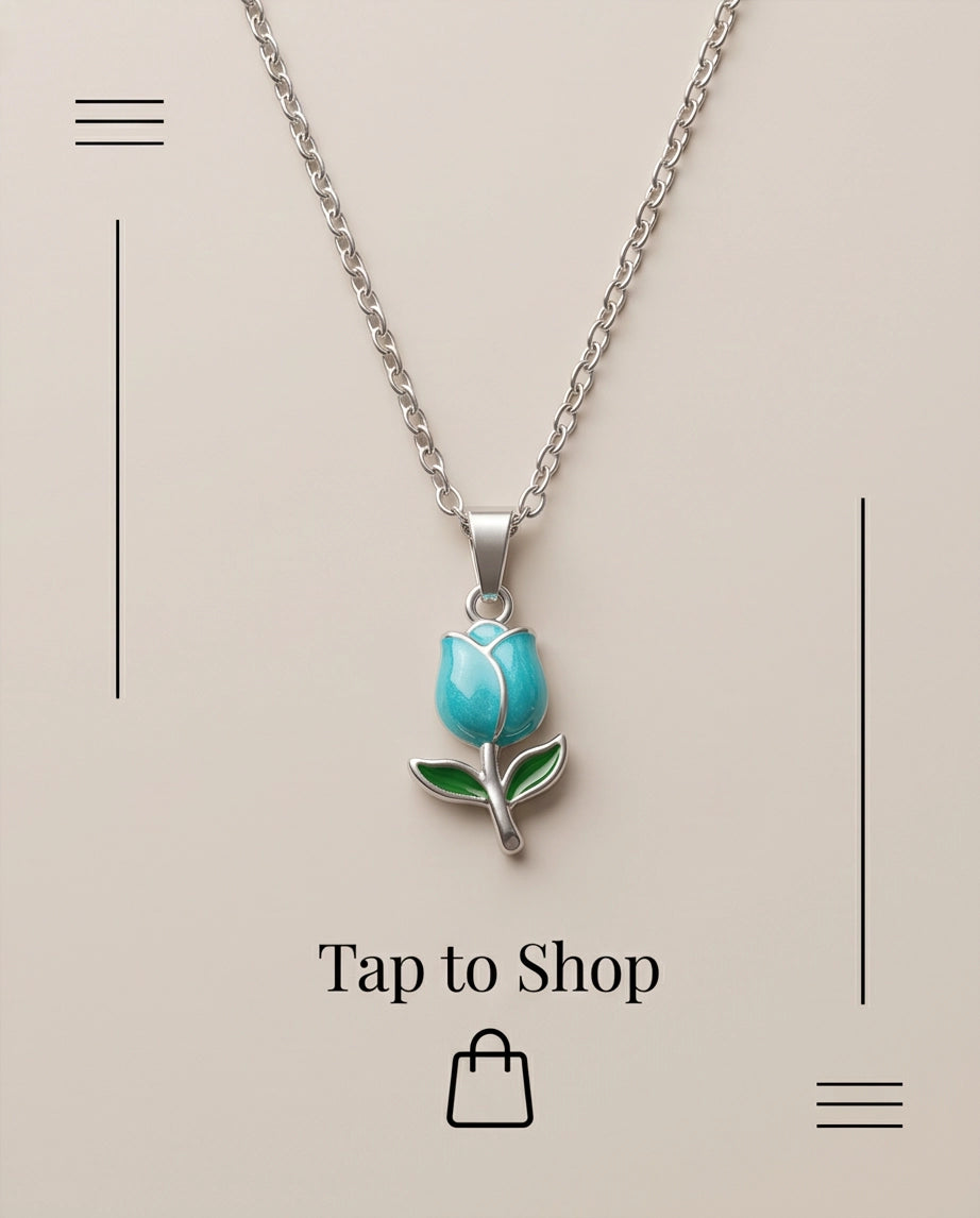Silver Light Blue Enamel Tulip Pendant Necklace