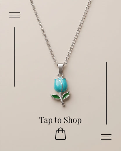 Silver Light Blue Enamel Tulip Pendant Necklace