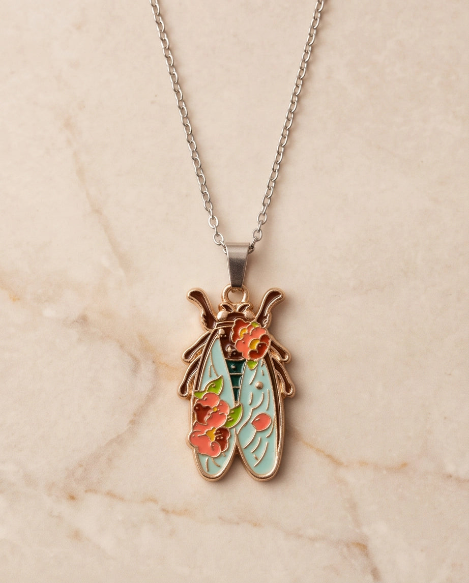 Gold Floral Cicada Enamel Chain Necklace