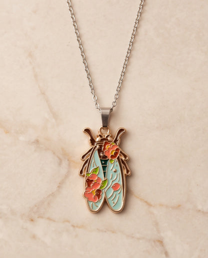 Gold Floral Cicada Enamel Chain Necklace