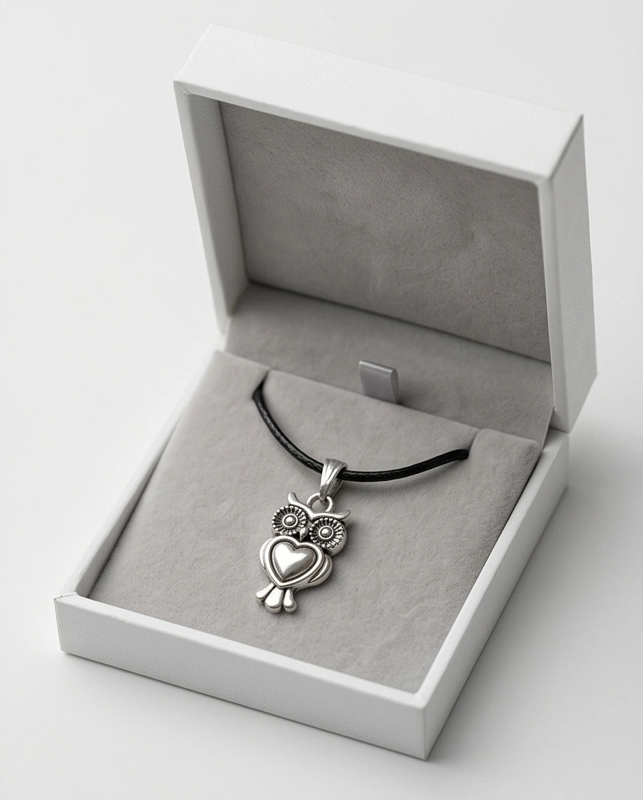 Silver Retro Heart Owl Necklace