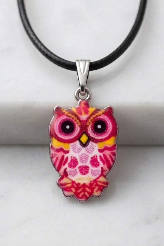 Vibrant Pink and Yellow Owl Totem Pendant Necklace