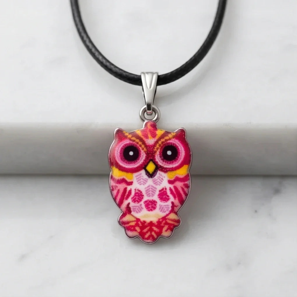 Vibrant Pink and Yellow Owl Totem Pendant Necklace