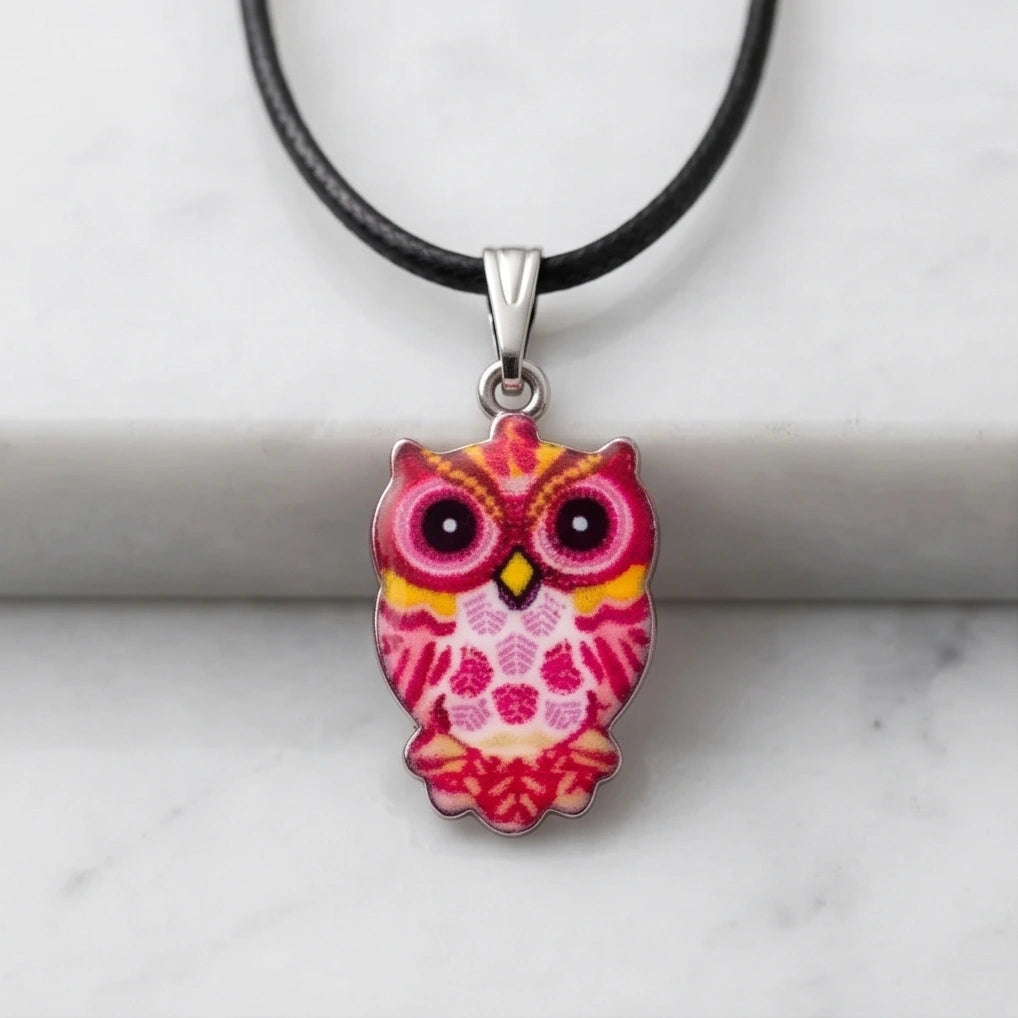 Vibrant Pink and Yellow Owl Totem Pendant Necklace