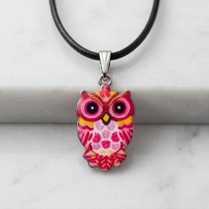Vibrant Pink and Yellow Owl Totem Pendant Necklace