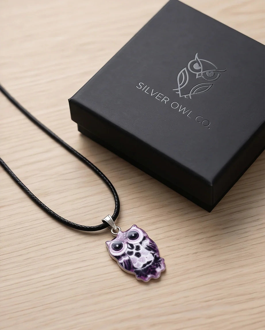 Mystical Purple Watercolor Owl Totem Pendant Necklace