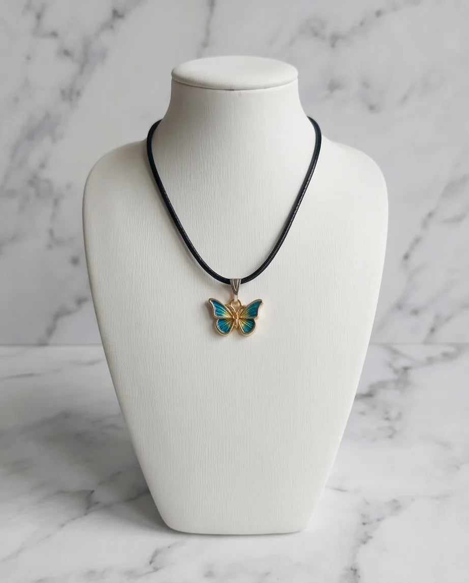Teal & Gold Butterfly Pendant Necklace