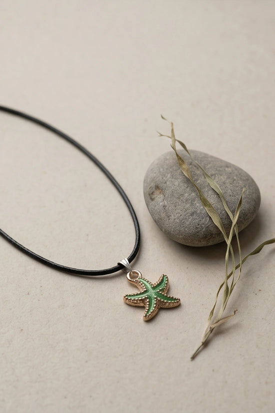 Gold and Textured Green Starfish Necklace