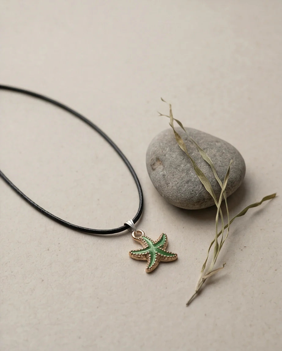Gold and Textured Green Starfish Necklace