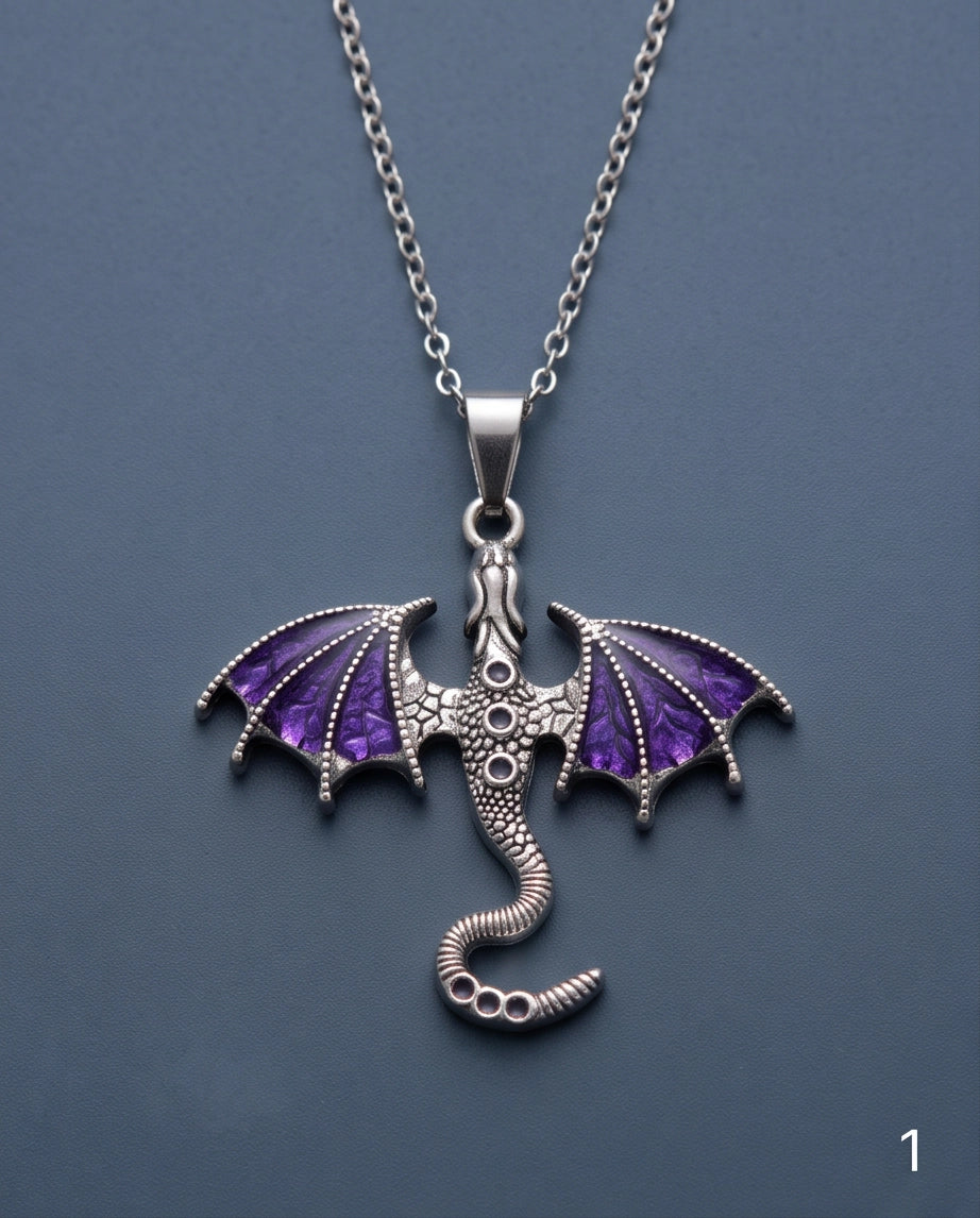 Silver Purple Enamel Dragon Wyvern Pendant Necklace