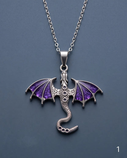 Silver Purple Enamel Dragon Wyvern Pendant Necklace