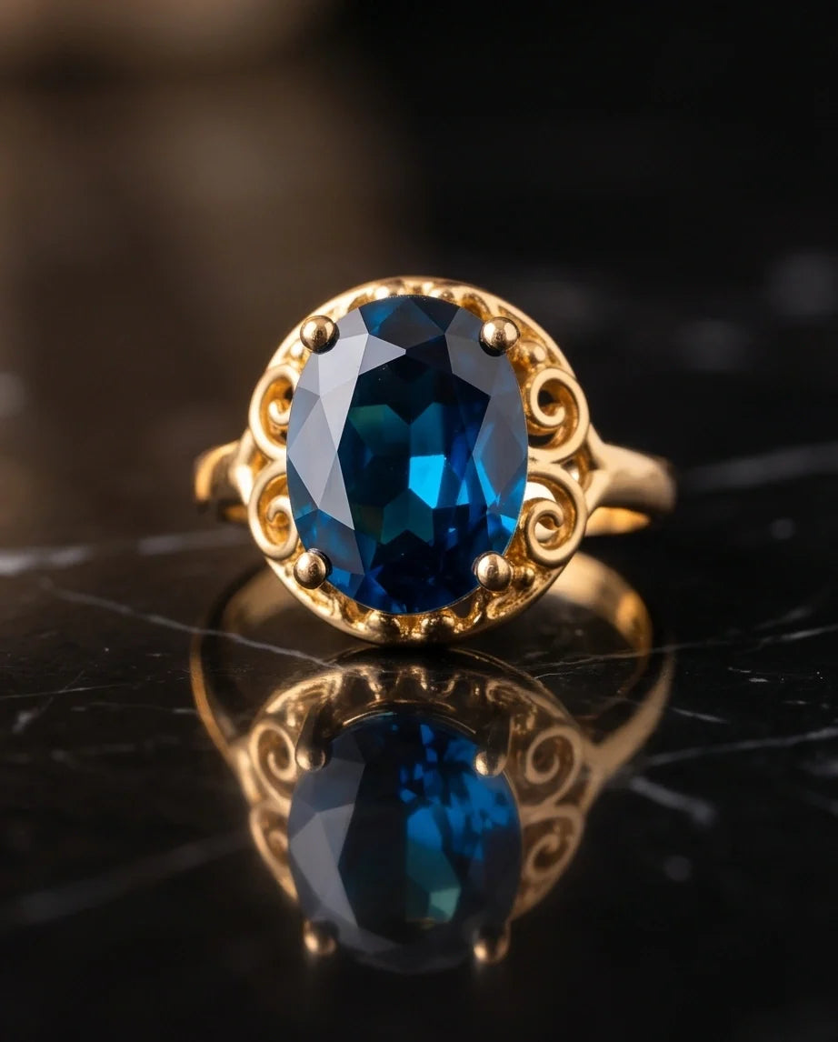 Gold Plated London Blue Oval Baroque Ring