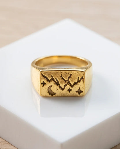 Celestial Forest Crescent Gold Signet Ring