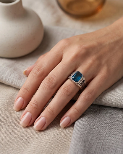 Aquamarine Emerald-Cut Gemstone Engraved Geometric Silver Ring