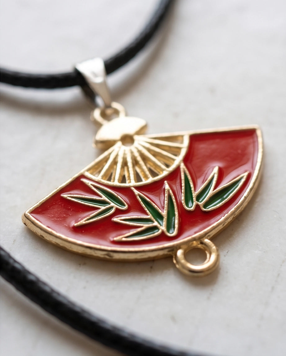 Crimson Bamboo Fan Pendant Necklace