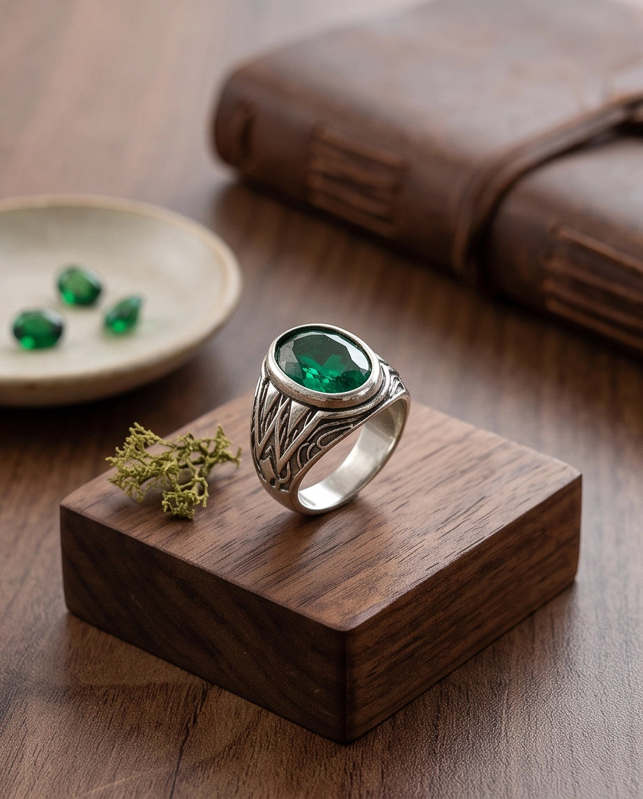 Emerald Gemstone Smooth Bezel Tribal Wing Silver Ring