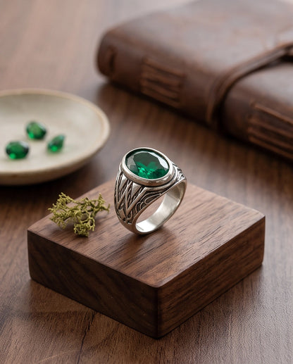 Emerald Gemstone Smooth Bezel Tribal Wing Silver Ring