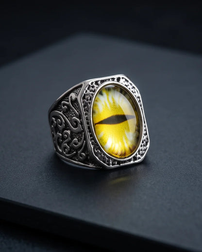 Amber Slit-Pupil Gilded Frame Silver Ring