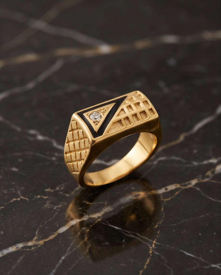 Geometric Split-Face Onyx & Clear Crystal Block Gold Ring