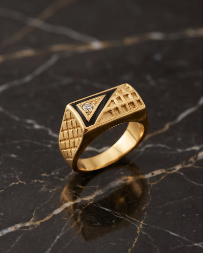 Geometric Split-Face Onyx & Clear Crystal Block Gold Ring
