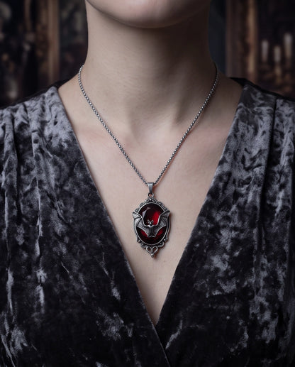 Antique Silver Gothic Bat Dark Red Enamel Medallion Chain Necklace