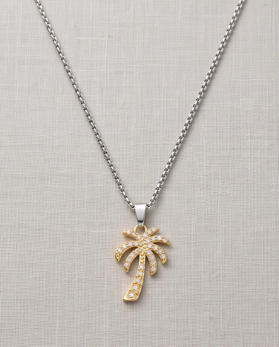 Gold Crystal Pavé Palm Tree Pendant Necklace