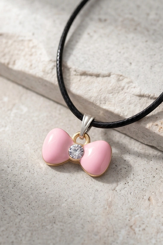 Charming Pink Bowknot Enamel Pendant Necklace with Crystal Center