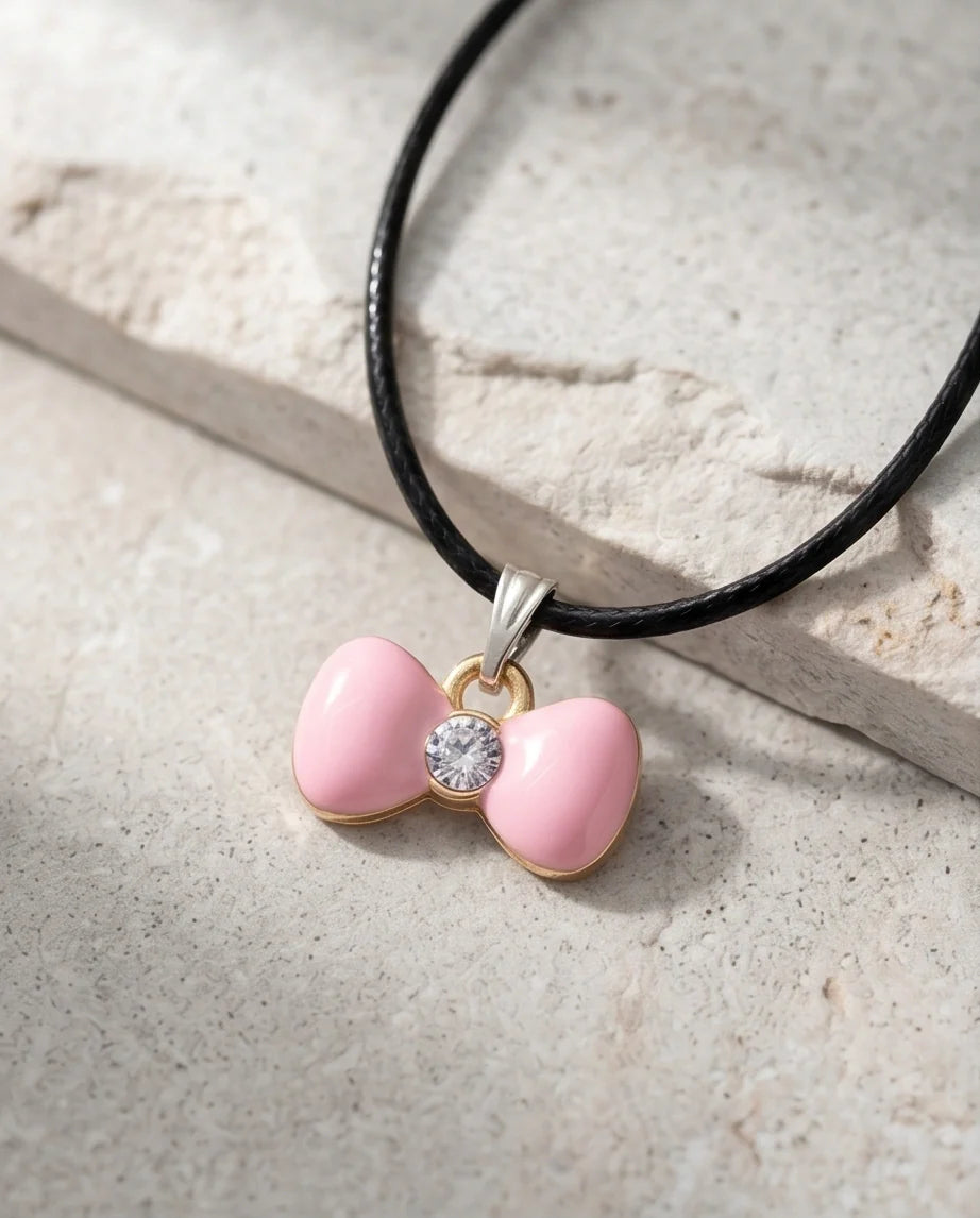 Charming Pink Bowknot Enamel Pendant Necklace with Crystal Center