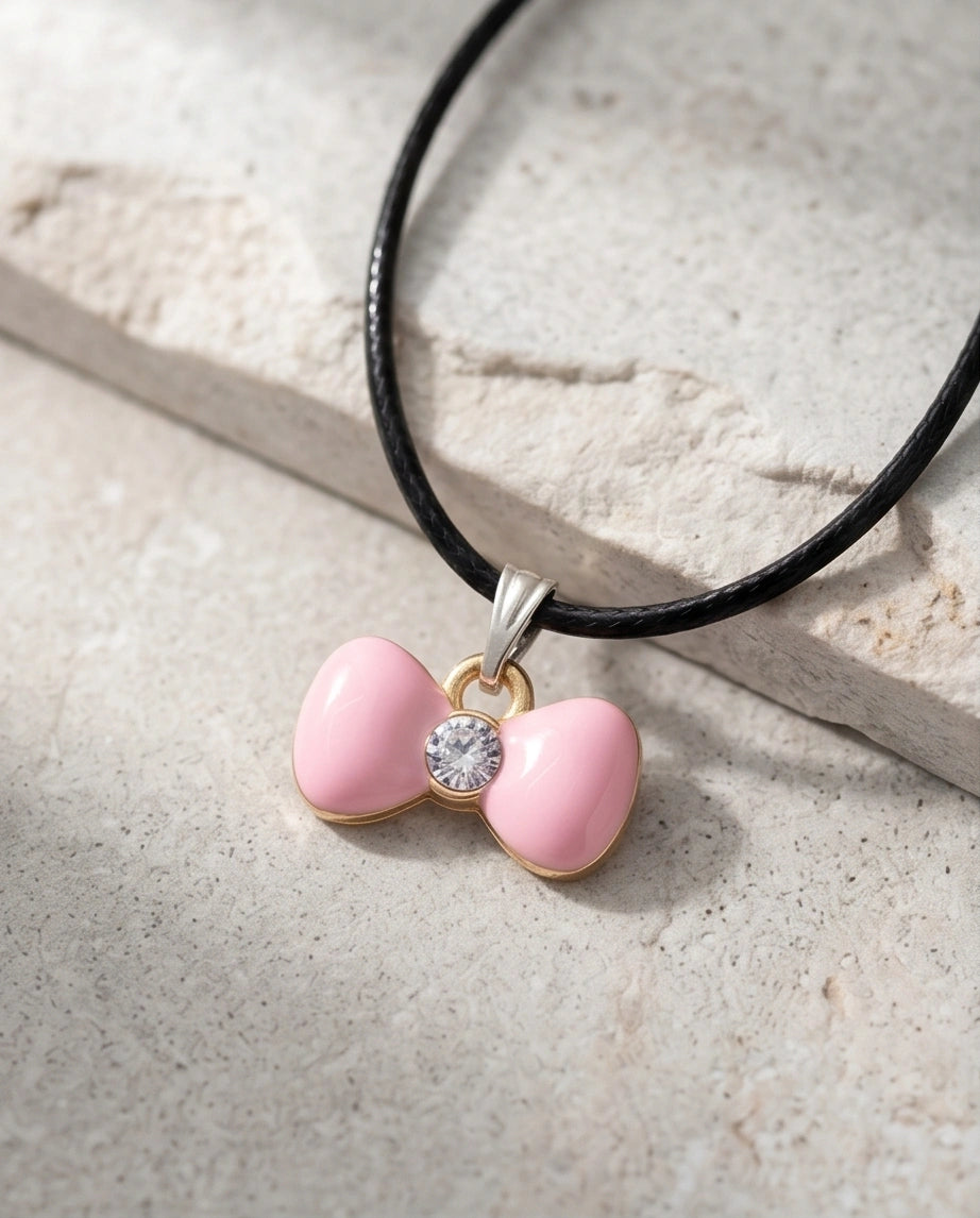 Charming Pink Bowknot Enamel Pendant Necklace with Crystal Center