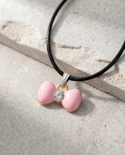Charming Pink Bowknot Enamel Pendant Necklace with Crystal Center