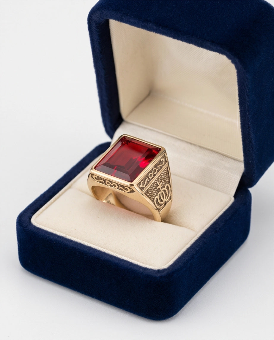 Crimson Ruby Emerald-Cut Gemstone Crown Motif Gold Ring