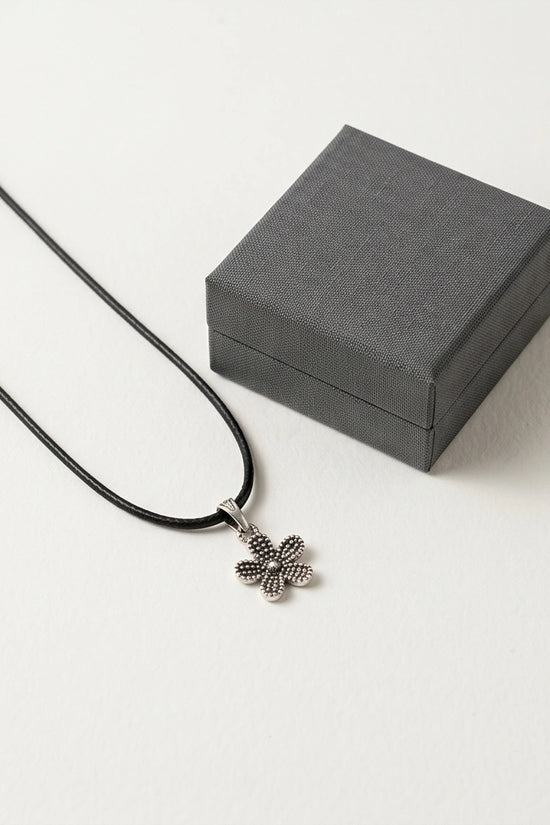 Silver Beaded Textured Flower Necklace