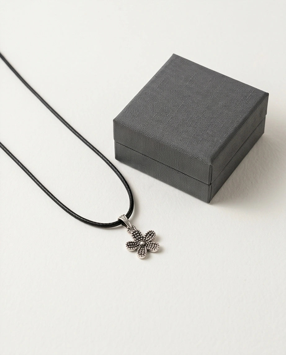 Silver Beaded Textured Flower Necklace