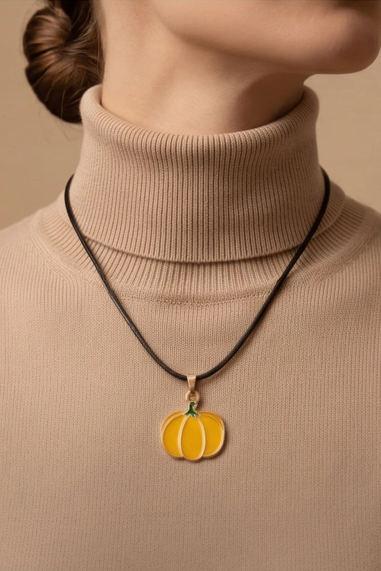 Festive Yellow Pumpkin Enamel Pendant Necklace