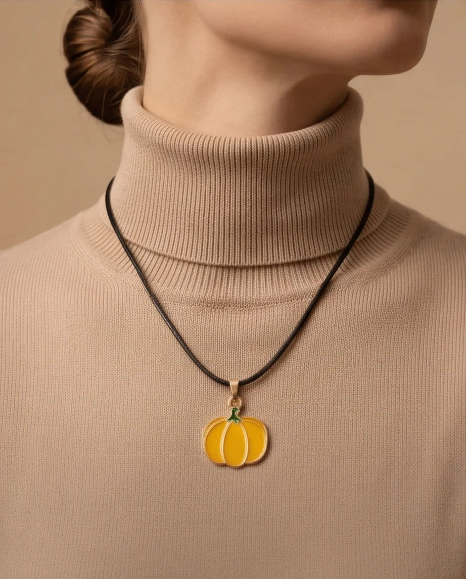 Festive Yellow Pumpkin Enamel Pendant Necklace