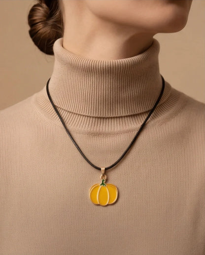 Festive Yellow Pumpkin Enamel Pendant Necklace