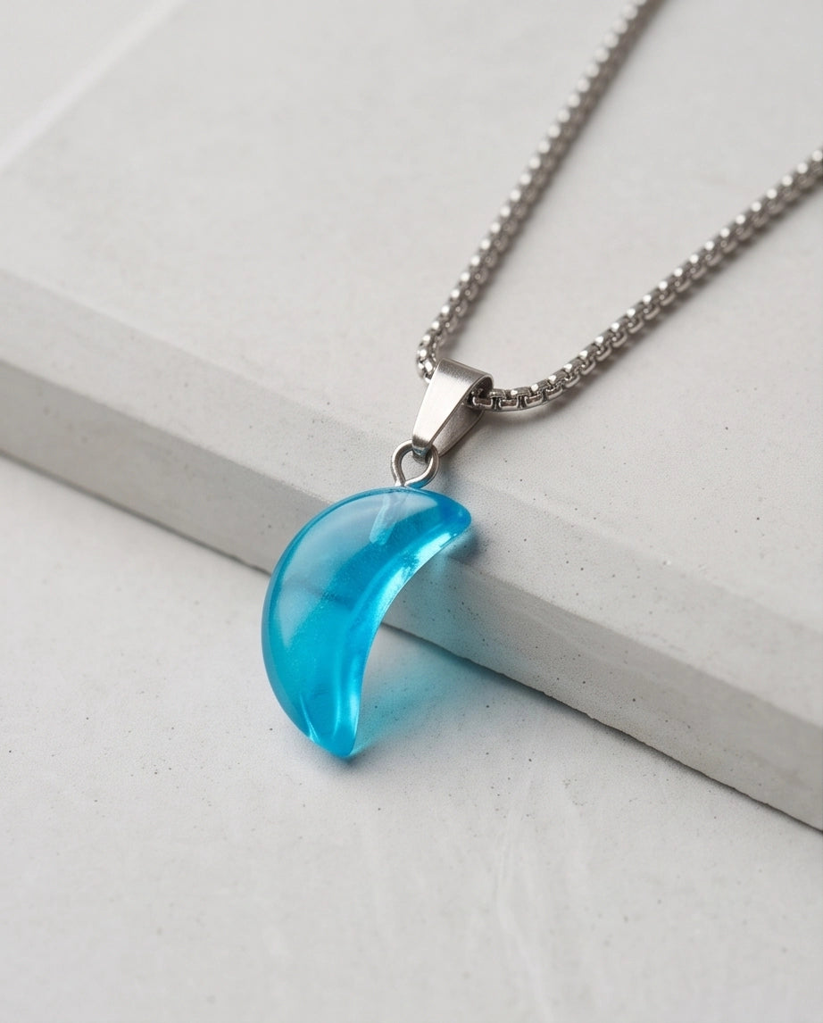 Silver Cyan Crescent Moon Resin Pendant Necklace