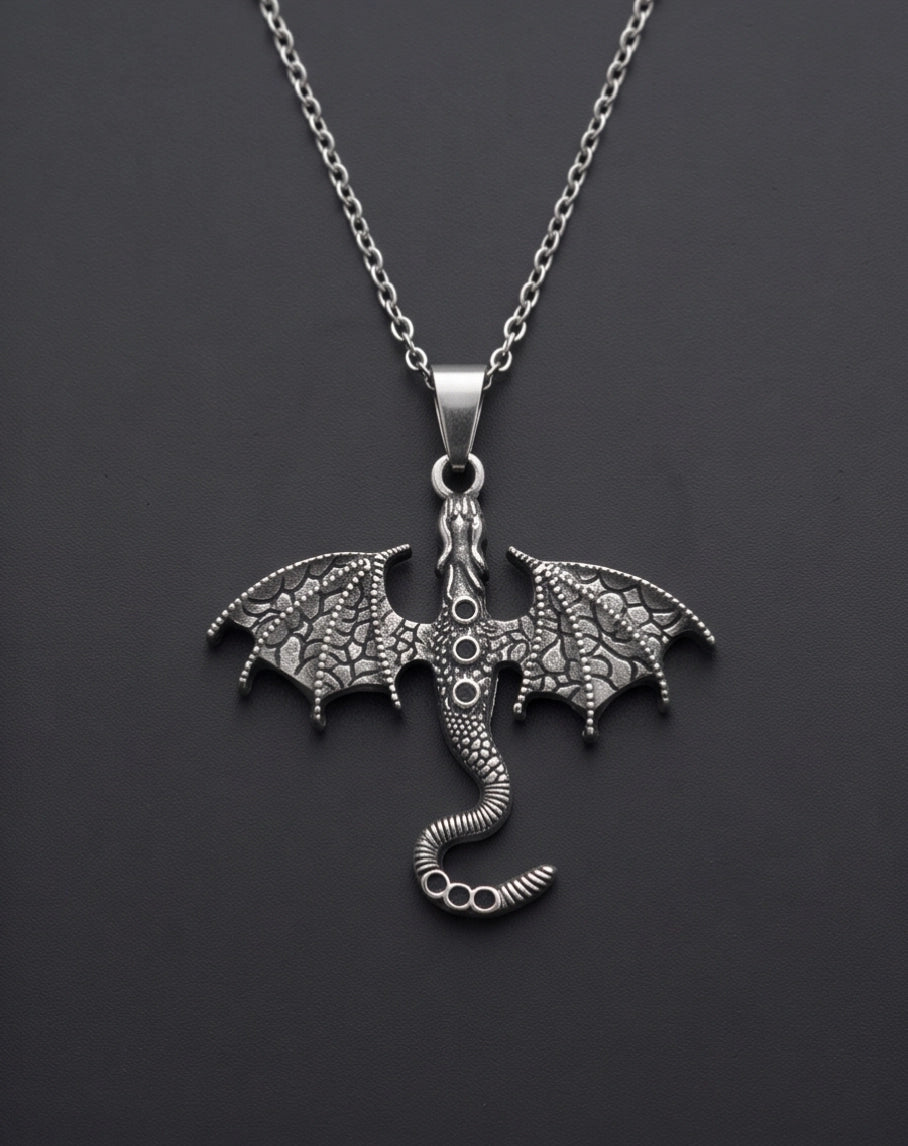 Silver Textured Dragon Wyvern Pendant Necklace