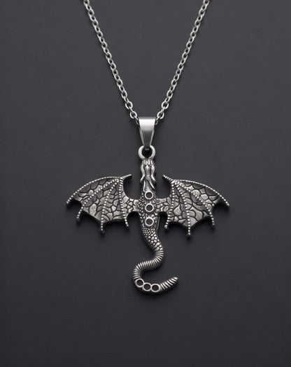 Silver Textured Dragon Wyvern Pendant Necklace