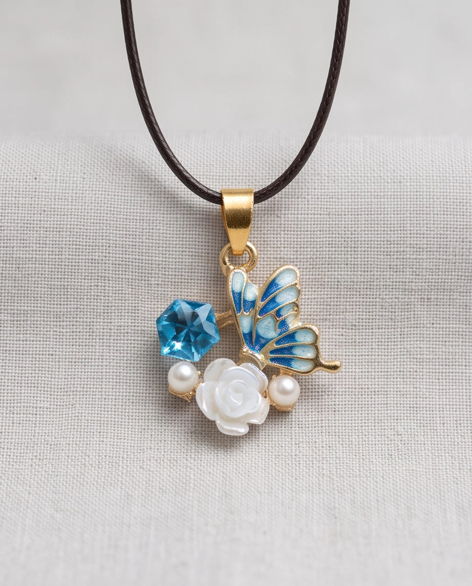 Gold Blue Enamel Butterfly & Pearl Rose Cluster Pendant Necklace