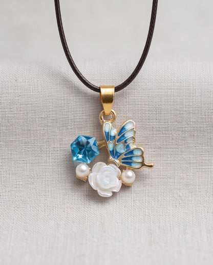 Gold Blue Enamel Butterfly & Pearl Rose Cluster Pendant Necklace