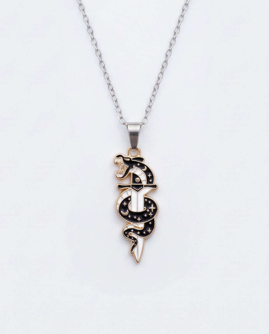 Gold Snake & Dagger Celestial Enamel Pendant Necklace