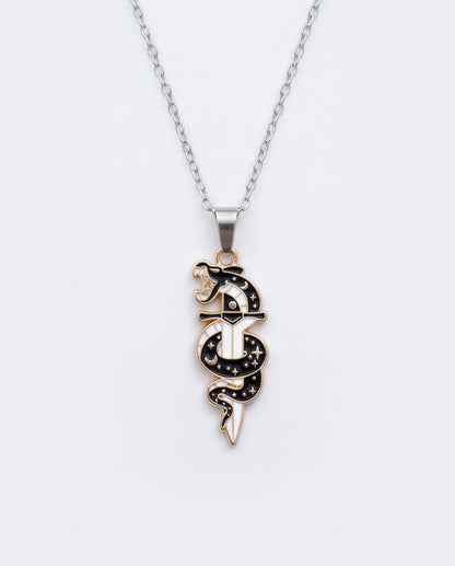 Gold Snake & Dagger Celestial Enamel Pendant Necklace