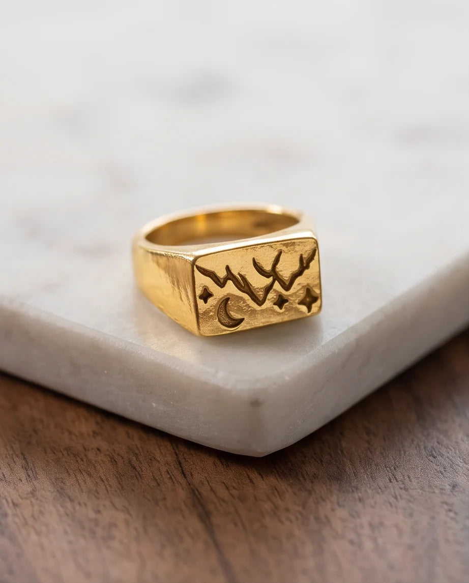 Celestial Forest Crescent Gold Signet Ring