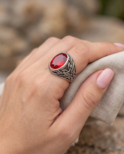 Ruby Gemstone Celtic Knotwork Silver Ring