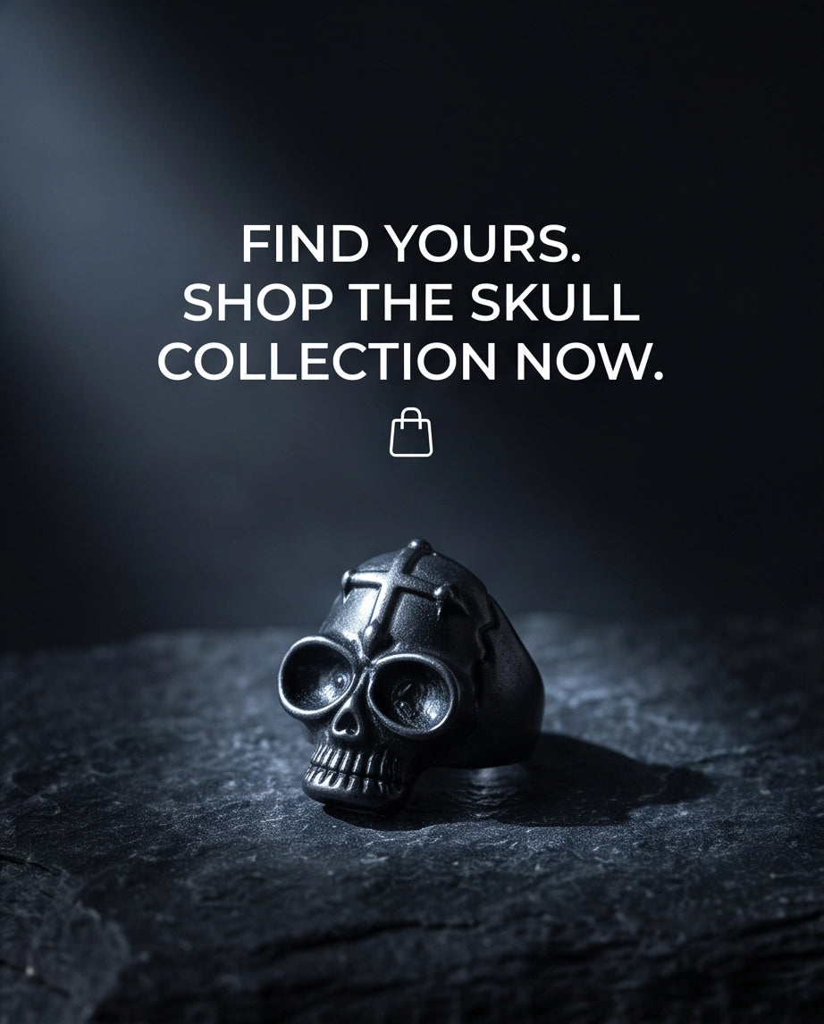 Matte Black Gothic Cross-Embossed Anatomical Skull Ring